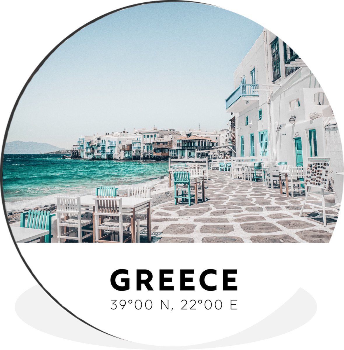 WallCircle Wandcirkel - Muurcirkel - Griekenland - Zee - Terras - Aluminium - Dibond - 60x60 cm - Binnen en Buiten Multicolor