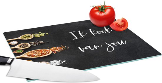 Glazen Snijplank - 28x20 - Ik kook van jou - Partner - Quotes