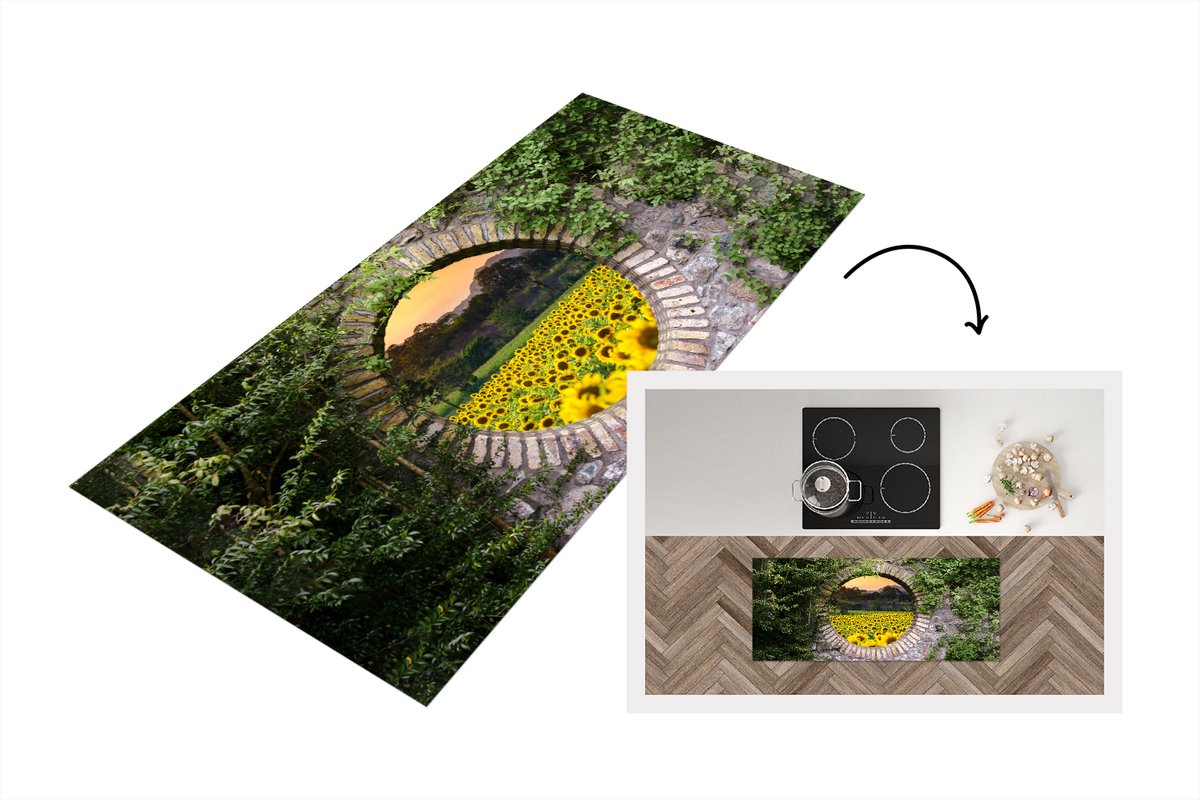 KitchenYeah Keukenloper - Loper keuken - Doorkijk - Bloemen - Zonnebloem - 120x50 cm - Keukenloper vinyl Multicolor