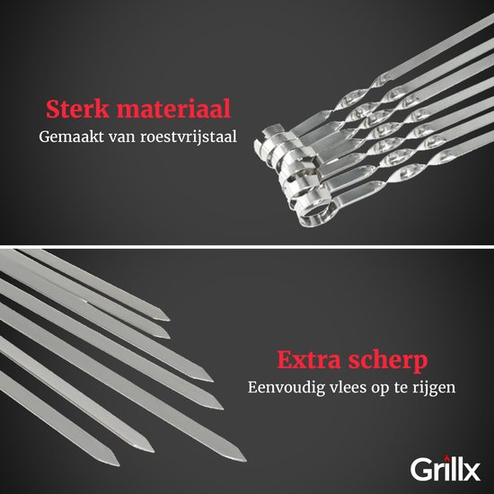 Ensemble de 12 brochettes GrillX (40 centimètres) - Brochettes de gril - Pics à brochettes - Accessoires de BBQ - Outils de barbecue - Peut également être utilisé comme bâtonnets de guimauve - Kebab