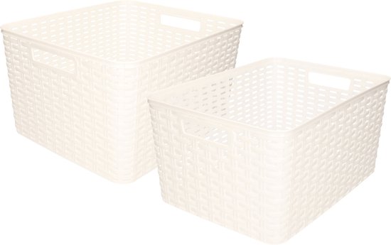 Set de 5 x boîtes de rangement / paniers de rangement en rotin plastique blanc nacré avec contenu 18 et 28 litres