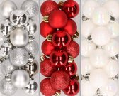 42x stuks kleine kunststof kerstballen rood, wit en zilver 3 cm - Kerstboomversiering
