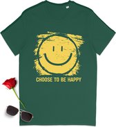 Grappig tshirt met smiley print en quote - T-shirt met choose to be happy opdruk - Dames en heren t shirt - Leuk, blij tshirt voor vrouwen en mannen - Unisex maten: S M L XL XXL XXXL - Shirt kleuren: Zwart en groen (bottle green).
