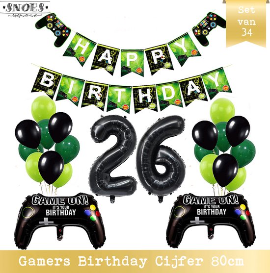 Cijfer Ballon 26 - Game Gamers Birthday Mega Ballon Pakket  - Nummer ballon - DIY Slinger Happy Birthday - Playstation Verjaardag - Game verjaardag - 80 cm nummer ballon - Gamers Verjaardag 26 Jaar - Computer Spel Verjaardag