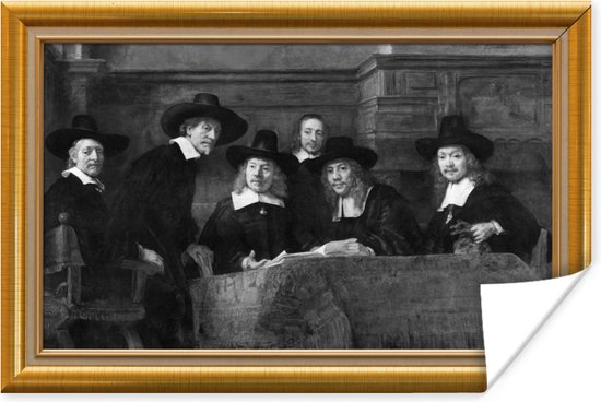 Een groep mannen in klederdracht met hoeden staat rond een tafel, ingelijst in een gouden lijst.
