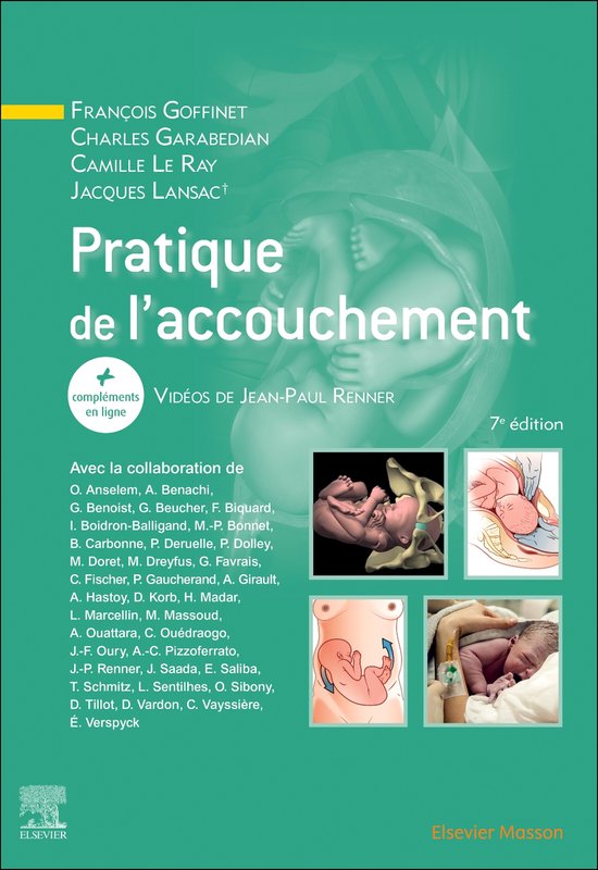 Boekomslag met de titel 'Pratique de l'accouchement', 7e editie. Afbeeldingen van de geboorte van een baby.