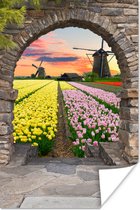 Poster Tulpen - Bloemen - Molen - Doorkijk - 60x90 cm