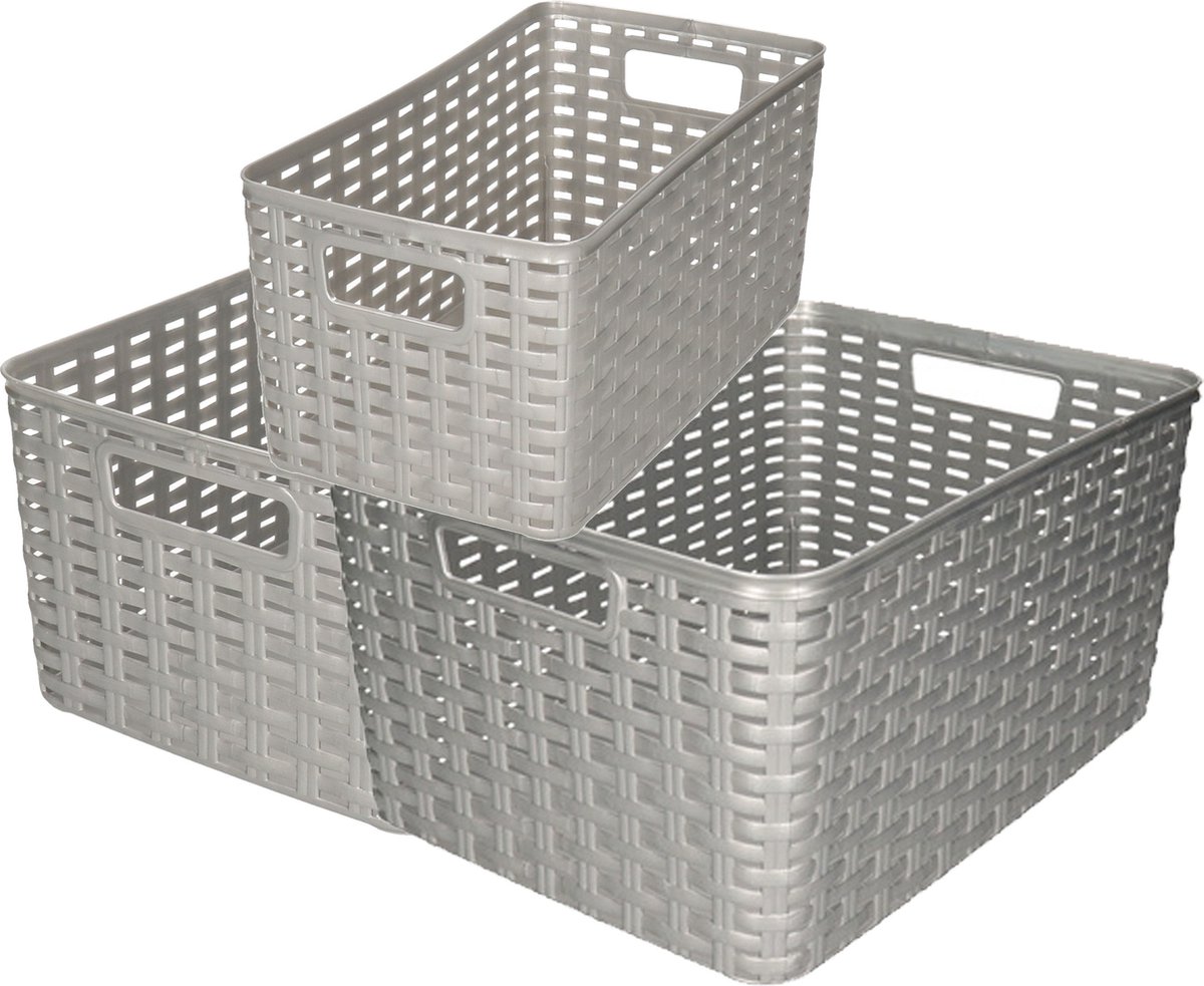 Forte Plastics Set van 8x stuks opbergboxen/opbergmandjes rotan zilver kunststof met inhoud 5 en 10 en 18 liter