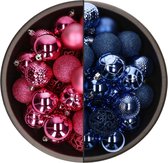 Bellatio Decorations Kerstballen mix - 74-delig - fuchsia roze en kobalt blauw - 6 cm - kunststof
