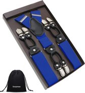 Luxe chique bretels - Royal Blue effen dessin - zwart leer - 6 stevige clips - bretels heren - unisex