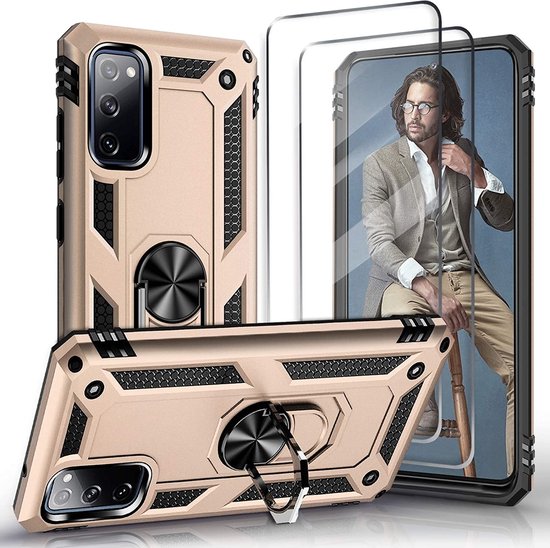 Hoesje Geschikt Voor Samsung Galaxy S20 FE 2022 Hoesje Armor case Ring houder / vinger houder TPU backcover - Goud met 2 pack screenprotector