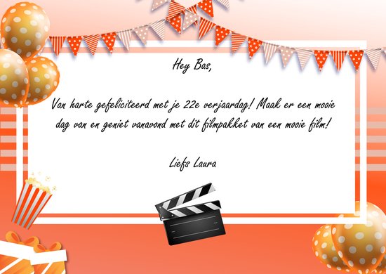 Paquet de film - cadeau de boîte de film avec Tony's Chocolonely, Jimmy's Popcorn et Fiesto's et M&Ms, carte-cadeau de film pour 1-2 meilleurs films avec evt. un message personnel - Forfait Home cinéma - meJane.com