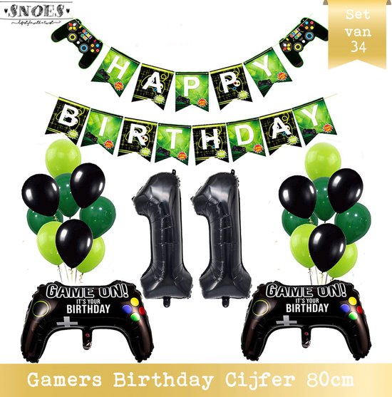 Cijfer Ballon 11 - Game Gamers Birthday Mega Ballon Pakket  - Nummer ballon - DIY Slinger Happy Birthday - Playstation Verjaardag - Game verjaardag - 80 cm nummer ballon - Gamers Verjaardag 11 Jaar - Computer Spel Verjaardag