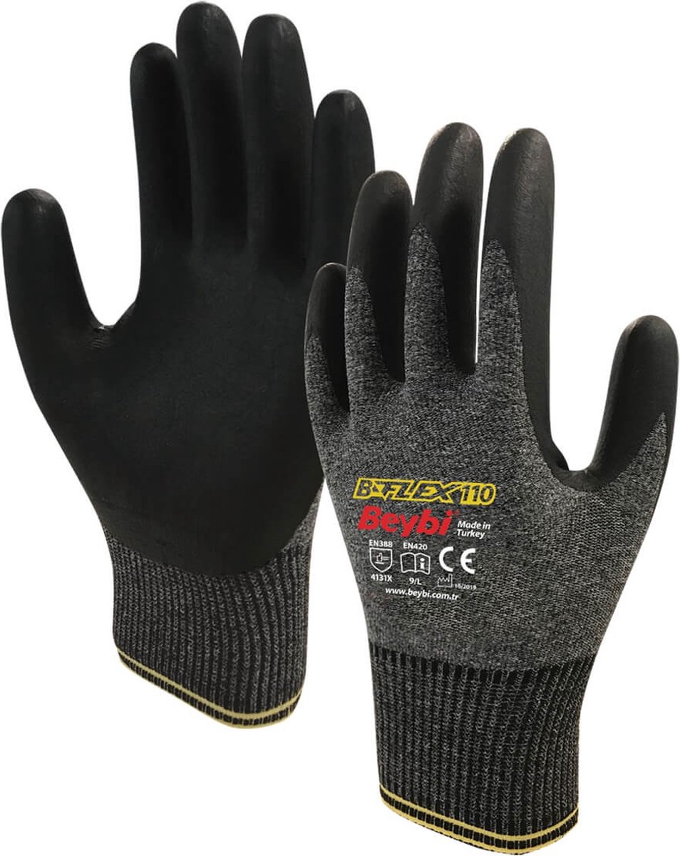 Beybi - B-Flex 110 Foam Coated Nitril Handschoenen - Werkhandschoenen - Zwart - Maat 9