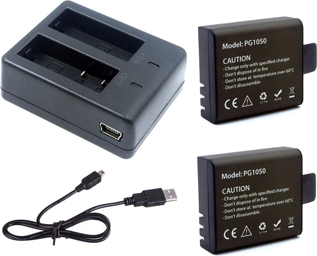 PG 1050 Dual batterij lader voor action camera EKEN - SJCAM - Gookam dual lader - dual charger + 2 stuks PG1050mAh batterij
