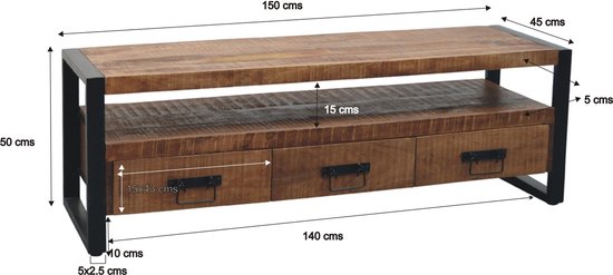 Robust - Meuble TV - 150cm - 3 tiroirs - 1 niche - bois de manguier naturel - acier
