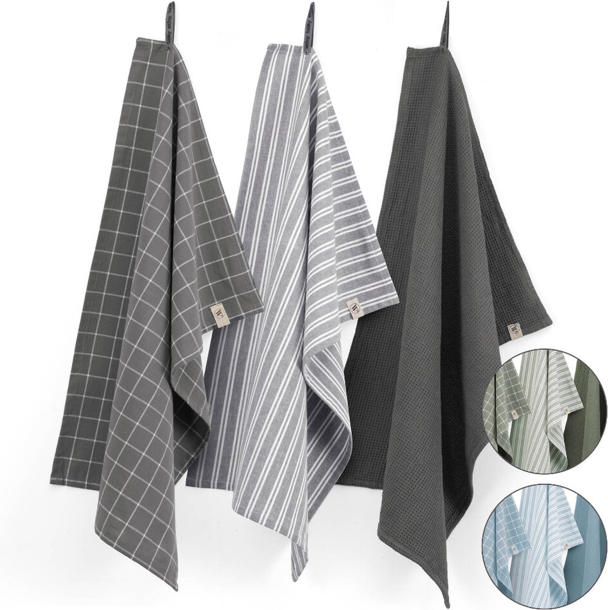 Walra Theedoeken Dry with Cubes, Stripes & Blocks - Keukenhanddoeken 3 x 50x70cm - Theedoeken en Keukendoeken set 100% Katoen - Legergroen
