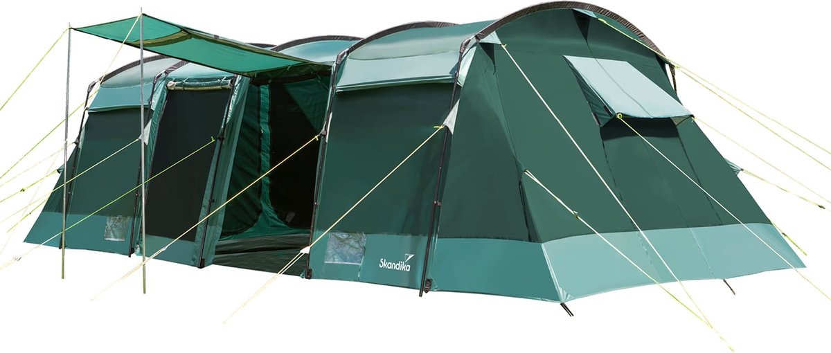 Skandika Montana 8 Protect Tent – Tenten – Familietent - Campingtent – Voor 8 personen – Tunneltent – Ingenaaide tentvloer – 2-4 slaapcabines – 4 ingangen – 700 x 310 x 200 cm (LxBxH) – 5000 mm waterkolom – Outdoor, Camping – Kamperen – groen