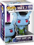 Frost Giant Loki Funko Pop! met blauwe huid, rode ogen, groene pantser en ijzige hoorns.