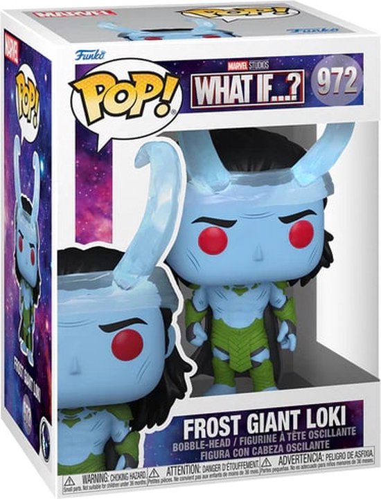 Frost Giant Loki Funko Pop! met blauwe huid, rode ogen, groene pantser en ijzige hoorns.