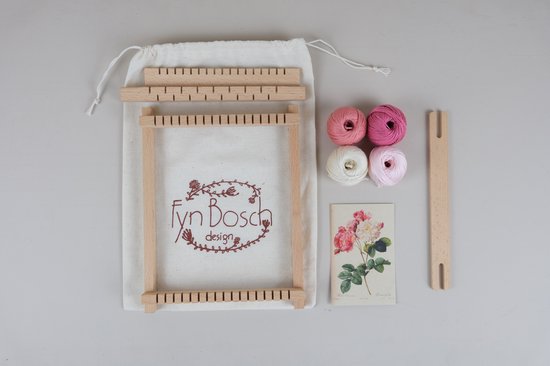 FynBosch Design Roze Roos - Botanische Bloemen DIY Weefpakket Groot -  Leer Weven - Weaving with Flowers - Weefraam - Weefbord - Botanical Hobby - Pierre-Joseph Redouté Inspired