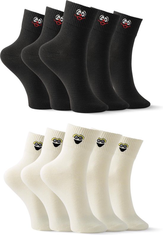 Jolly Socks - 10 Paar Hoge sokken dames zwart wit - Grappige sokken - Sokken Dames - Vrolijke sokken - Leuke sokken - Smiley sokken - Maat 35-42