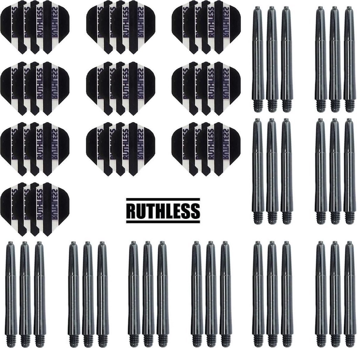 Darts Set - 10 Sets Ruthless Flights - dart flights - zwart - plus 10 sets Dragon - dart shafts - medium