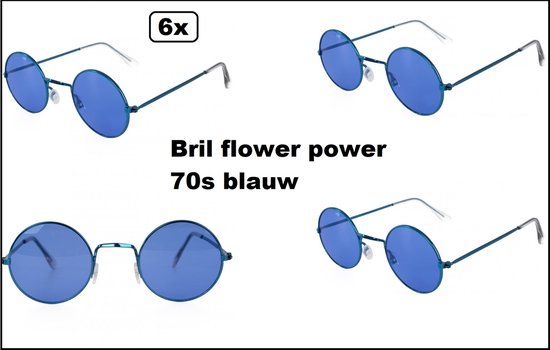 6x Bril flower power 70s blauw - John lennon bril beatles rond 70s and 80s disco peace flower power happy together toppers