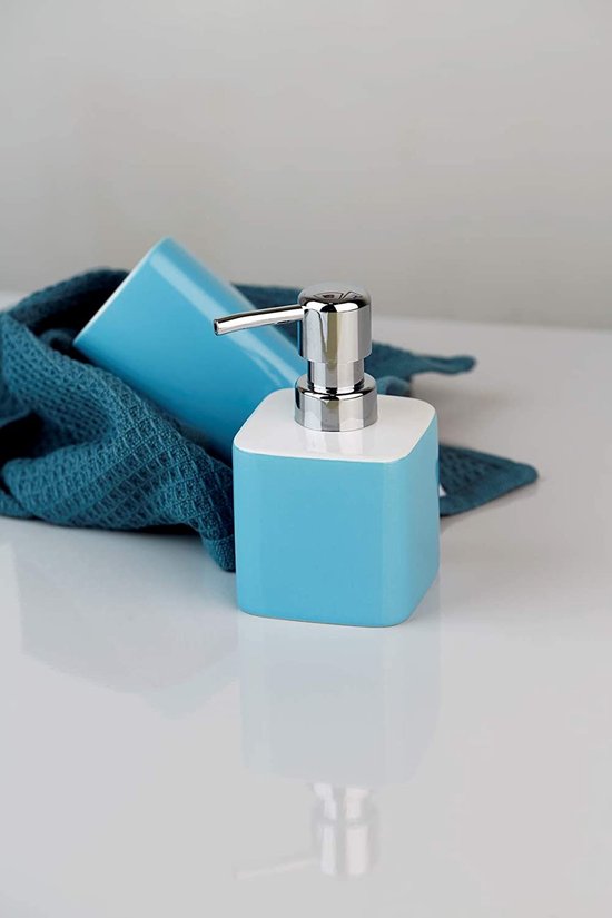 WENKO Zeepdispenser Elmo blauw keramiek - vloeibare zeepdispenser, afwasmiddel dispenser Inhoud: 0,27 l, keramiek, 7,5 x 13 x 8,5 cm, blauw