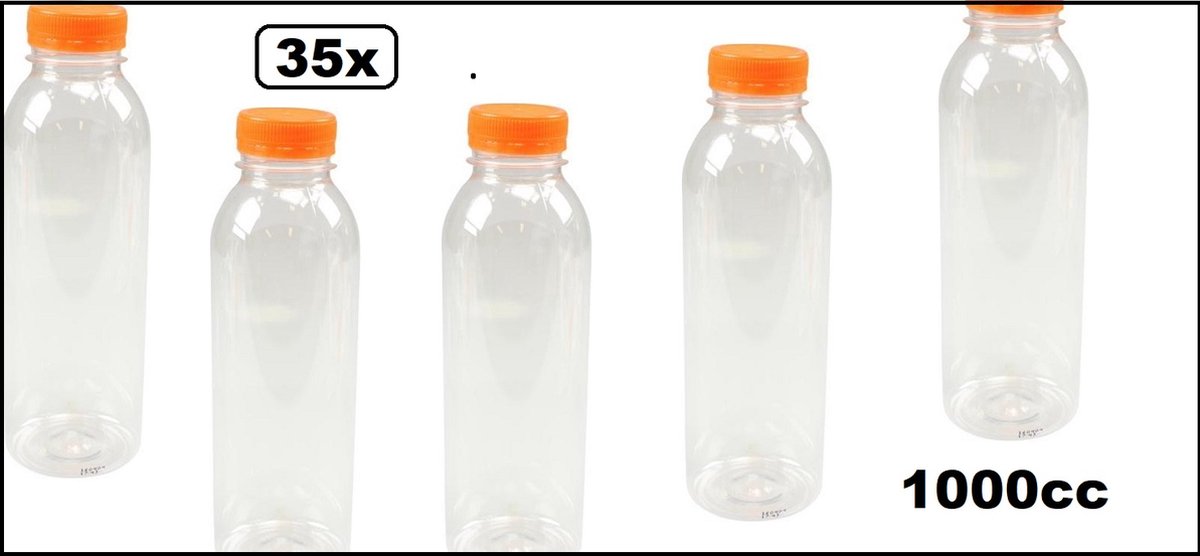 35x Flesje helder 1000cc met oranje dop - drink fles vruchten sap limonade drank