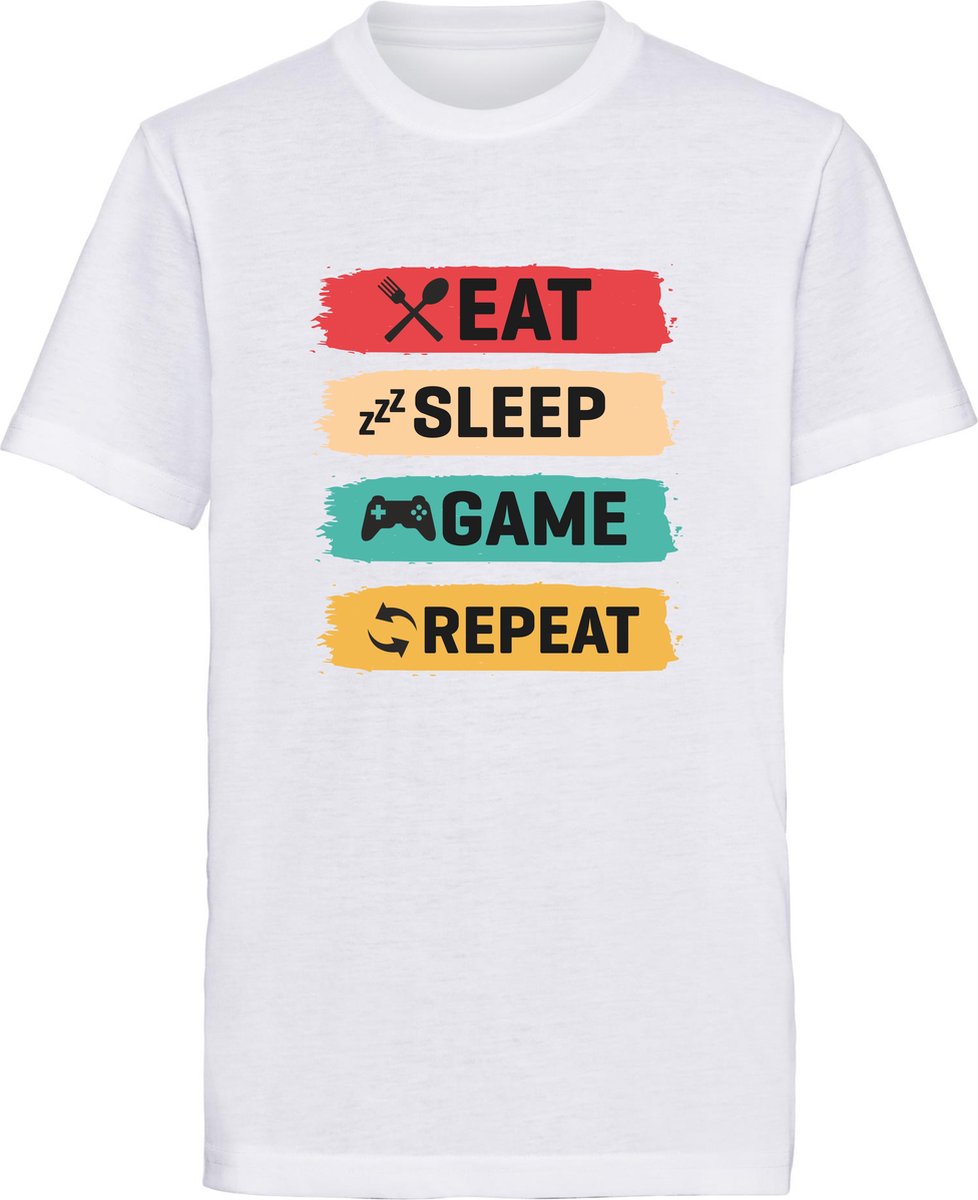Sols Eat Sleep Game Repeat - Gamers T-shirt - T-shirt Kinderen - Maat 140 (9 - 10 Jaar) - Wit Korte Mouw