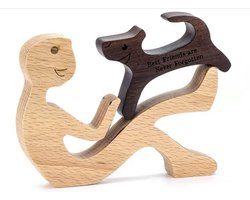 Houten beeldje - Natuurlijk hout - Beeld - Decoratief - Hout - Man - Hond - Tekst - X13
