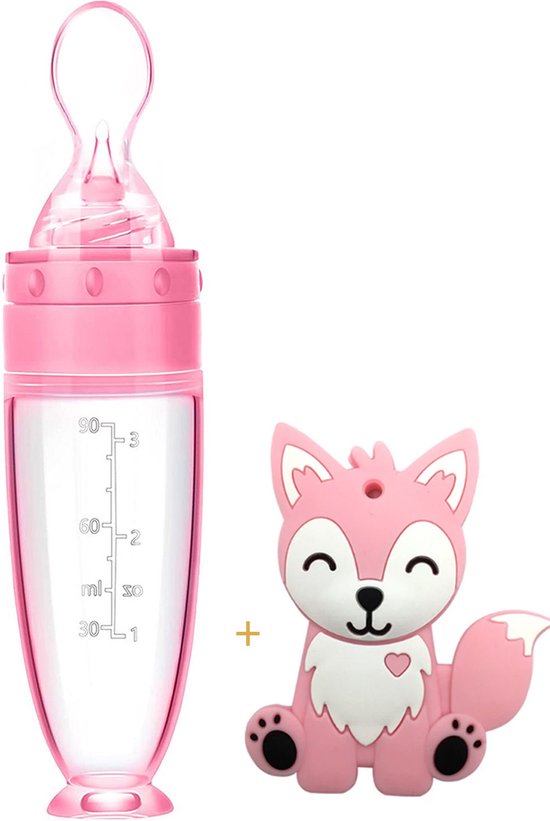 Babyflesje - Biberoia® Bijtring en knijpfles met lepel - Baby - Kinderbestek - Baby speelgoed - Kraamcadeau - Babyshower - Roze