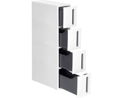 Nischenrek met wieltjes, smalle trolley met 4 laden, uittrekbaar, badkamerrek, keukenkast met wielen, PP-kunststof, ruimtebesparend, 45 x 17 x 83 cm, wit-grijs KFR008G01