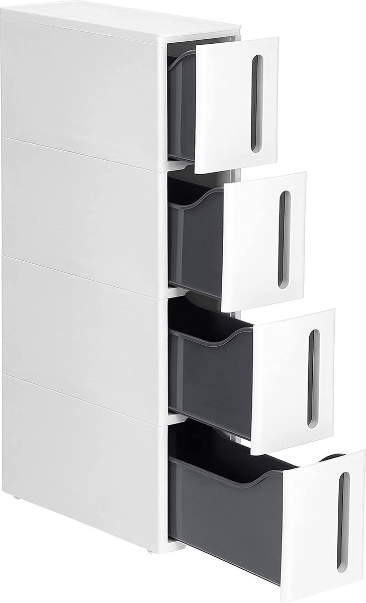 LIVINGSIGNS Nischenrek met wieltjes smalle trolley met 4 laden uittrekbaar badkamerrek keukenkast met wielen PP-kunststof ruimtebesparend 45 x 17 x 83 cm wit-grijs KFR008G01