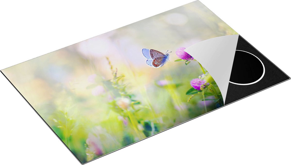 Chefcare Inductie Beschermer Blauwe Vlinder bij een Paarse Bloem - 81,6x52,7 cm - Afdekplaat Inductie - Kookplaat Beschermer - Inductie Mat