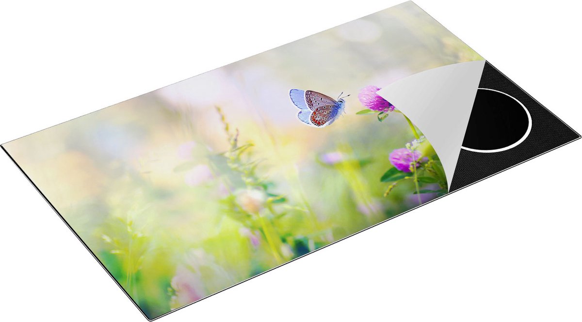 Chefcare Inductie Beschermer Blauwe Vlinder bij een Paarse Bloem - 90x52 cm - Afdekplaat Inductie - Kookplaat Beschermer - Inductie Mat