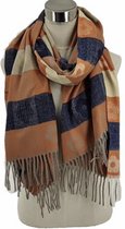 Sjaal blok-bloemenprint herfst-winter 185/70cm beige/oranje/donkerblauw