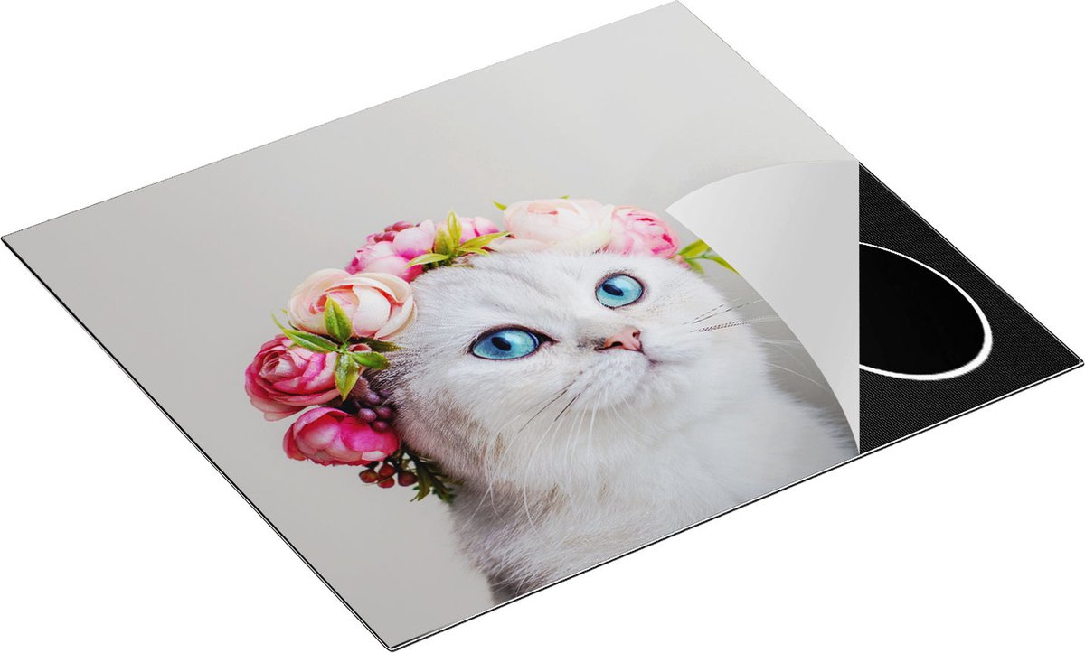 Chefcare Inductie Beschermer Kat met een Bloemen Kroon - 57,6x51,6 cm - Afdekplaat Inductie - Kookplaat Beschermer - Inductie Mat