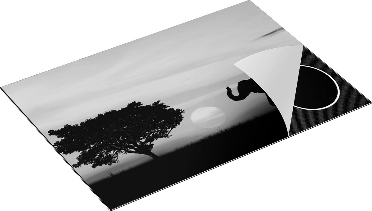 Chefcare Inductie Beschermer Olifant Silhouet tijdens Zonsondergang - Zwart Wit - 75x55 cm - Afdekplaat Inductie - Kookplaat Beschermer - Inductie Mat