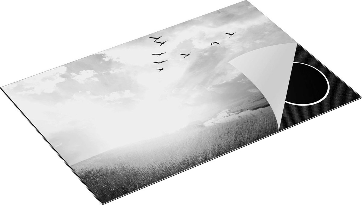 Chefcare Inductie Beschermer Groep Vogels Vliegen Boven het Gras - Zwart Wit - 80x50 cm - Afdekplaat Inductie - Kookplaat Beschermer - Inductie Mat