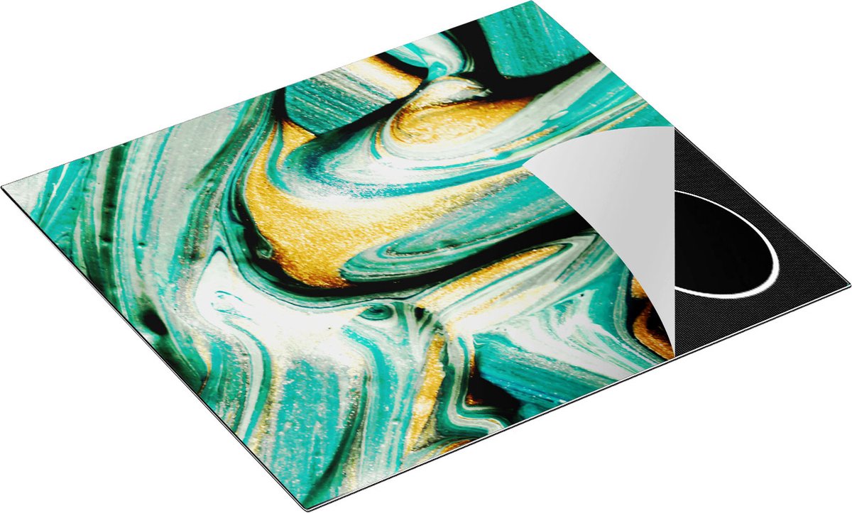 Chefcare Inductie Beschermer Abstracte Kunst - Groen met Gouden Verf - 60x52 cm - Afdekplaat Inductie - Kookplaat Beschermer - Inductie Mat