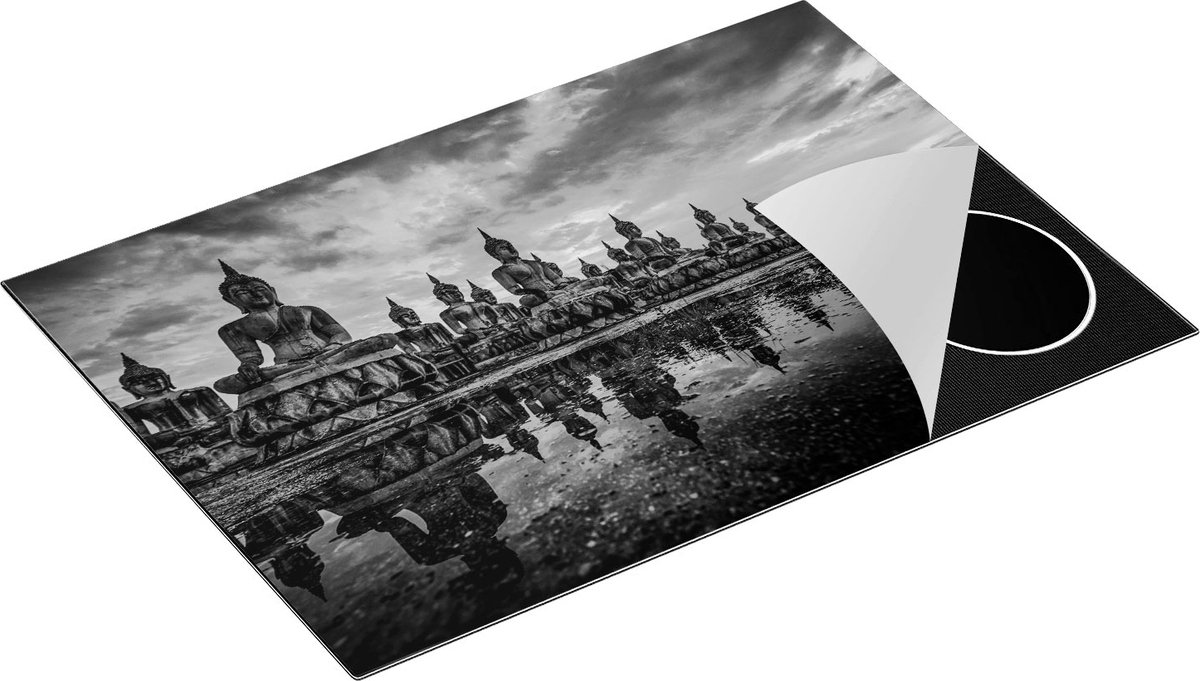 Chefcare Inductie Beschermer Boeddha Beelden tijdens Zonsondergang - Zwart Wit - 76x51,5 cm - Afdekplaat Inductie - Kookplaat Beschermer - Inductie Mat