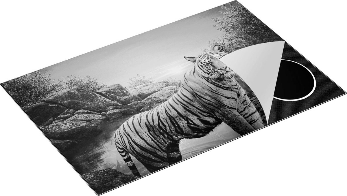 Chefcare Inductie Beschermer Luipaard in een Vijver bij Zonsondergang - Zwart Wit - 80,2x52,2 cm - Afdekplaat Inductie - Kookplaat Beschermer - Inductie Mat