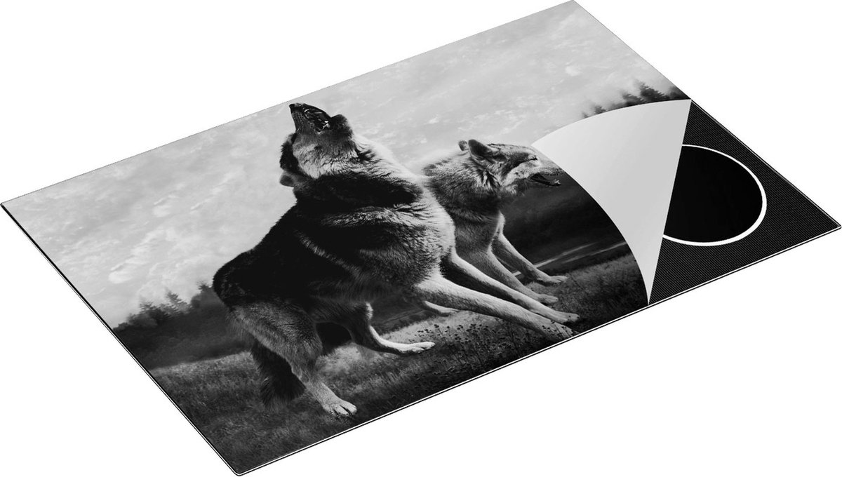 Chefcare Inductie Beschermer Twee Wolven op het Gras - Zwart Wit - 83x51,5 cm - Afdekplaat Inductie - Kookplaat Beschermer - Inductie Mat