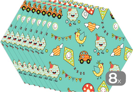 Napperons de table hexagon - Sets de table Sets de table - Set de table hexagone - Motif - Enfants - Voiture - Vogel - 8 pièces