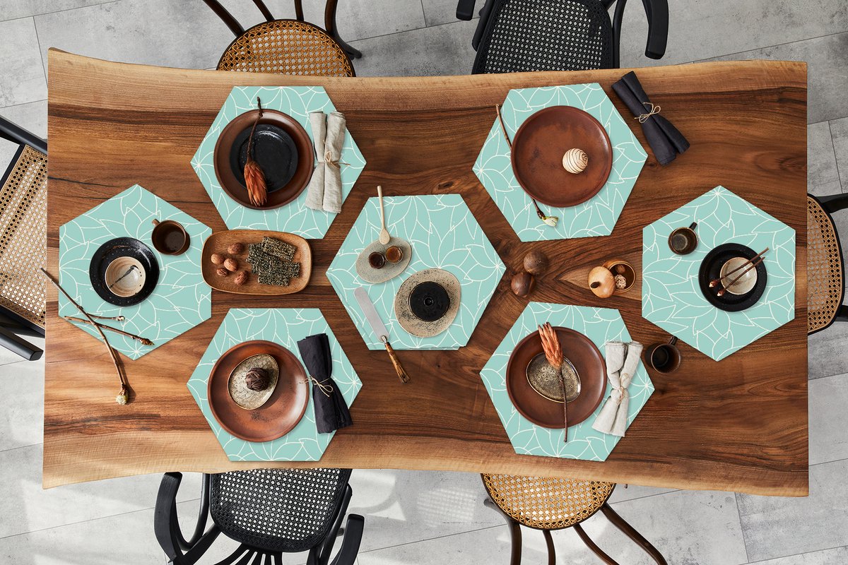 Placemats hexagon - Onderleggers placemats - Placemat zeshoek - Blauw - Mandala - Design - 8 stuks
