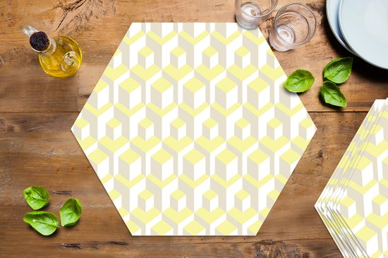 Placemats hexagon - Onderleggers placemats - Placemat zeshoek - Blokken - Patronen - 3D - Geel - 10 stuks