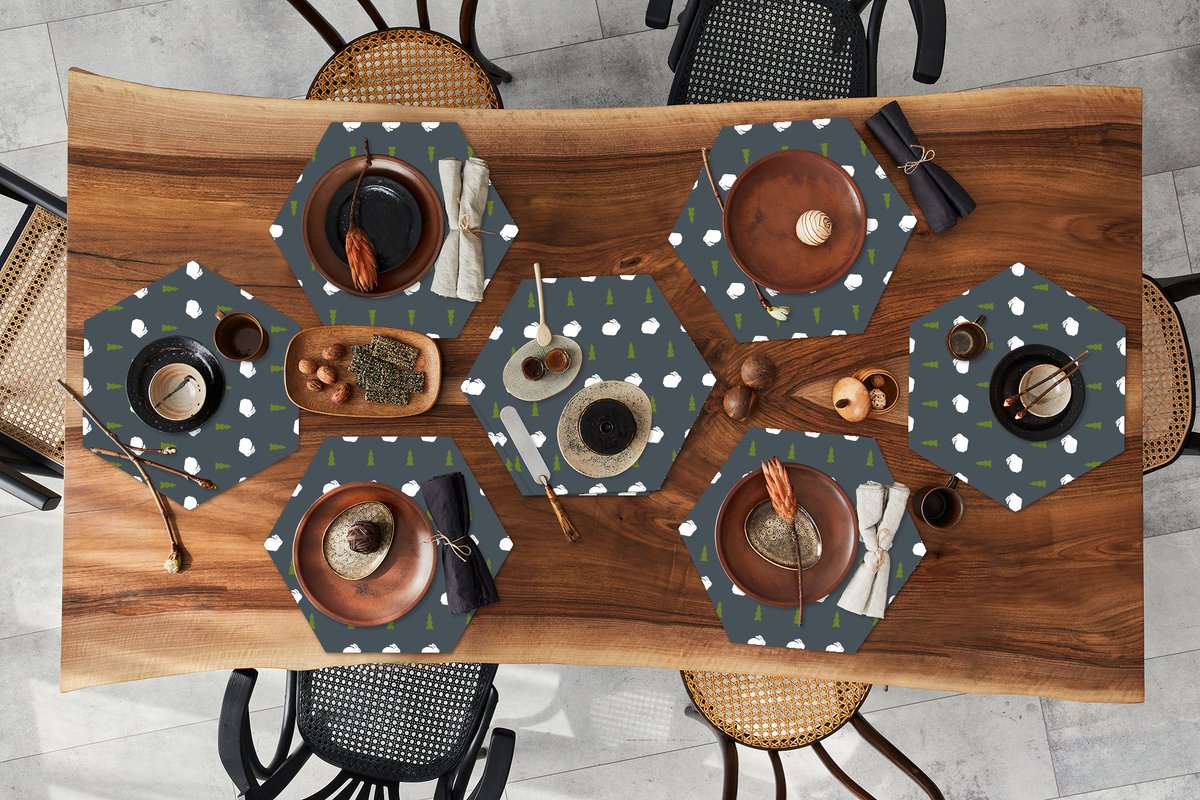 Placemats hexagon - Onderleggers placemats - Placemat zeshoek - Bomen - Konijn - Patroon - 8 stuks