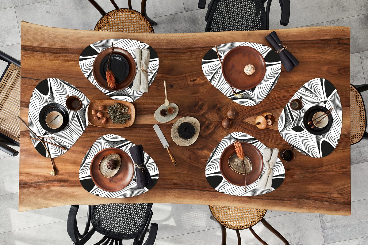 Placemat organisch - Placemats organic - Onderleggers - Patroon - Abstract - Zwart Wit - 6 stuks